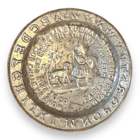 Antique 1800s‎ Children's Tin Alphabet Plate Mary Had a Little Lamb - Picture 2 of 3